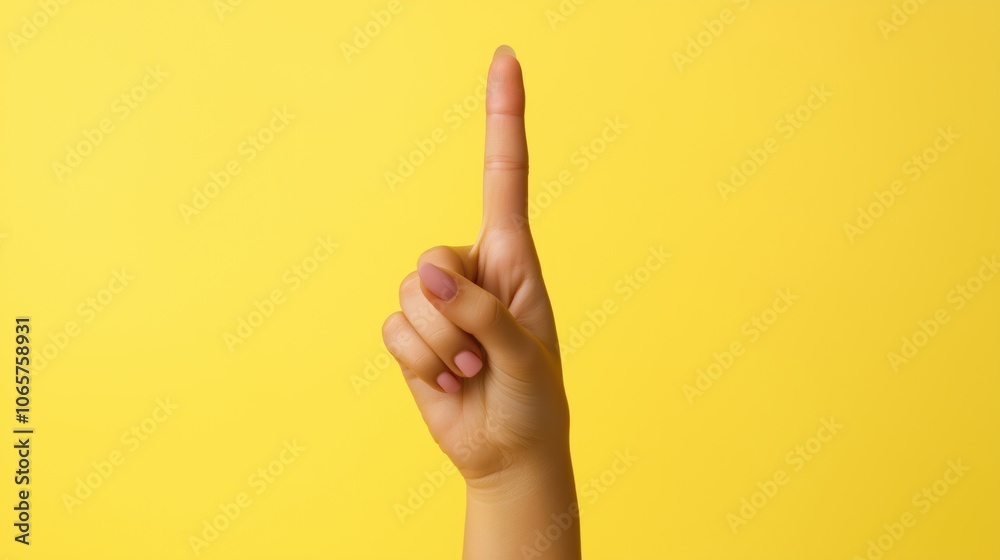 Naklejka premium Woman's index finger points upward on a yellow background. Close-up of the hand.