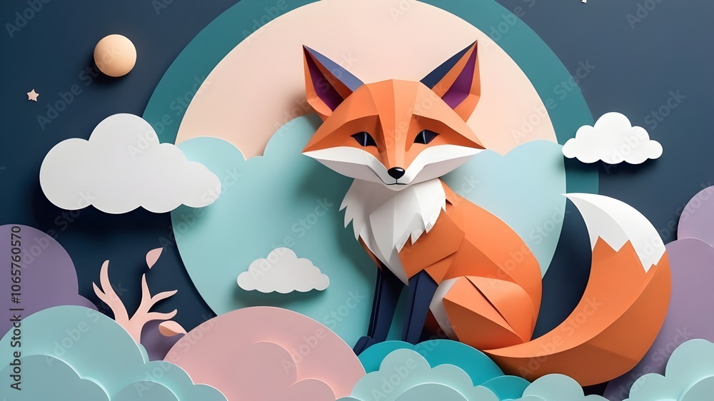 adorable paper-crafted fox on cloud under starry night sky in soft ...