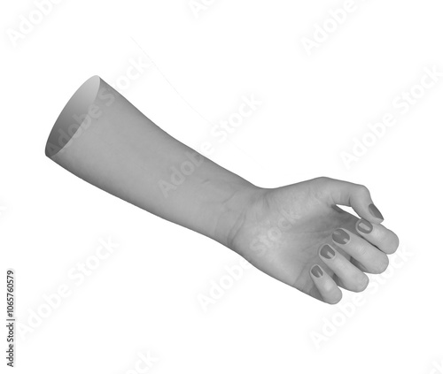 Female hand in side view, holding position with fingers curved in a cylindrical grip, ready to grasp an invisible round object. Monochrome gesture showing anatomy and body language.