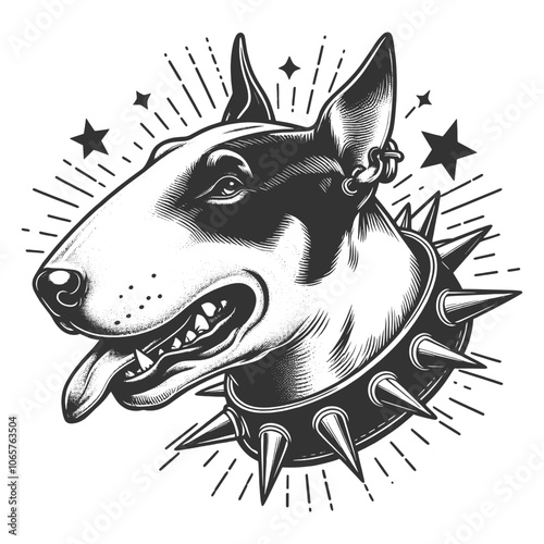 bull terrier dog in spiked collar in vintage style sketch engraving generative ai vector illustration. Scratch board imitation. Black and white image.