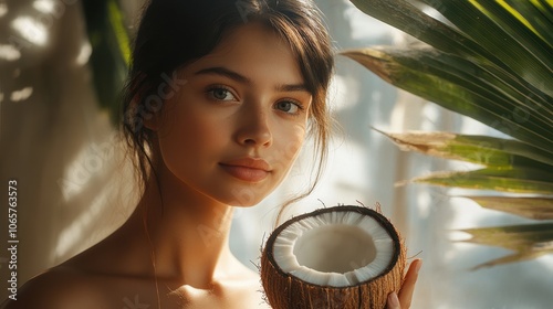 A young Hispanic woman showcases a coconut oil mockup with natural light on tropical items