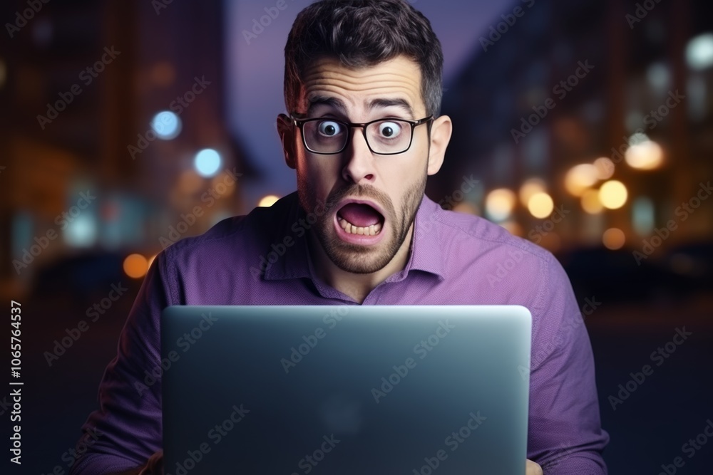 Young male worker with glasses shows distress while viewing his laptop in a dimly lit urban environment at night Young male worker with glasses shows distress while viewing his laptop in a dimly lit urban environment at night