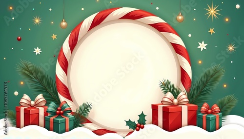 Minimalist illustration of a striped circular border with white copy space and vibrant Christmas decor with gifts, bows and baubles around with decorated pine branches, glittering lights and snowflake