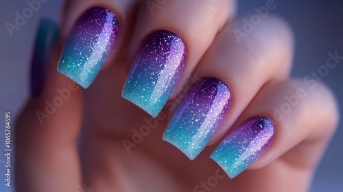 Gradient magic manicure close-up, sparkling multicolor nails design for beauty and fashion concepts