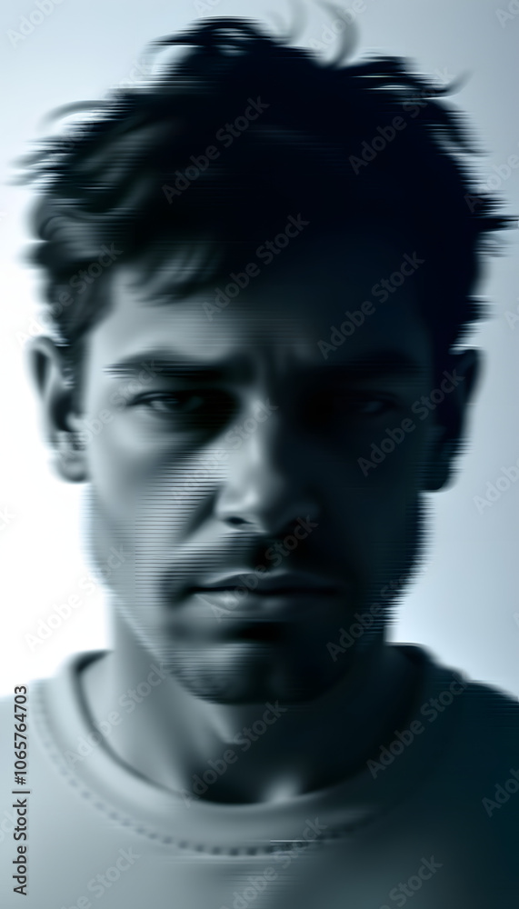 Obraz premium Abstract blurry portrait of a depressed man with mental personality disorders. Black and white with 3D glitch virtual reality effect isolated with white highlights, png