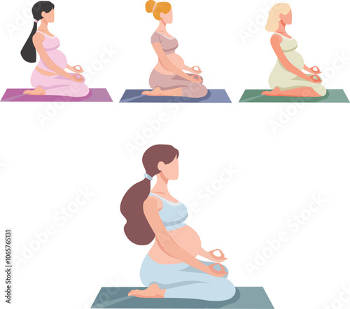 Set of young pregnant women doing yoga