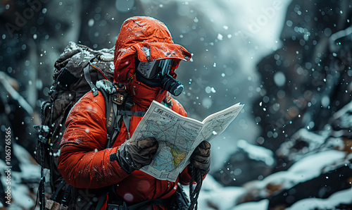 Navigator reads map in snowy mountains. A climber in a red jacket studies a map in a snowy landscape with rugged mountains and falling snow.
