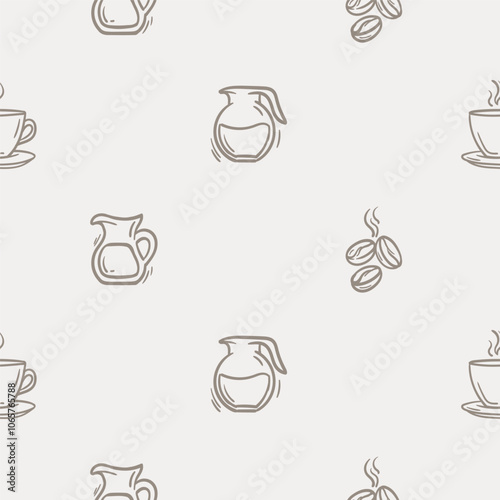 Simple black and white seamless pattern with coffee beans, coffee drink and milk in a jug. Set of icons for the design of a cafe, restaurant, coffee shop, cafeteria. Endless background for gift paper 