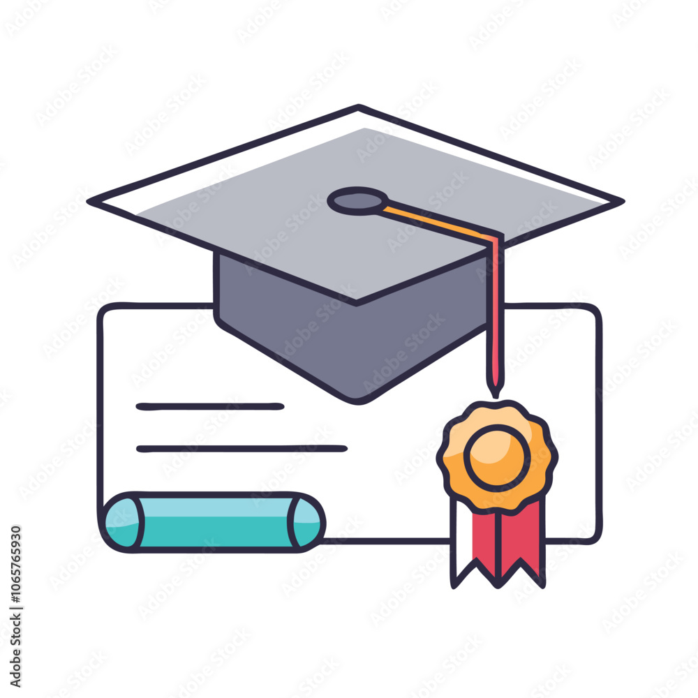 Graduation Cap, Diploma, and Award Ribbon Icon, Illustration of a ...