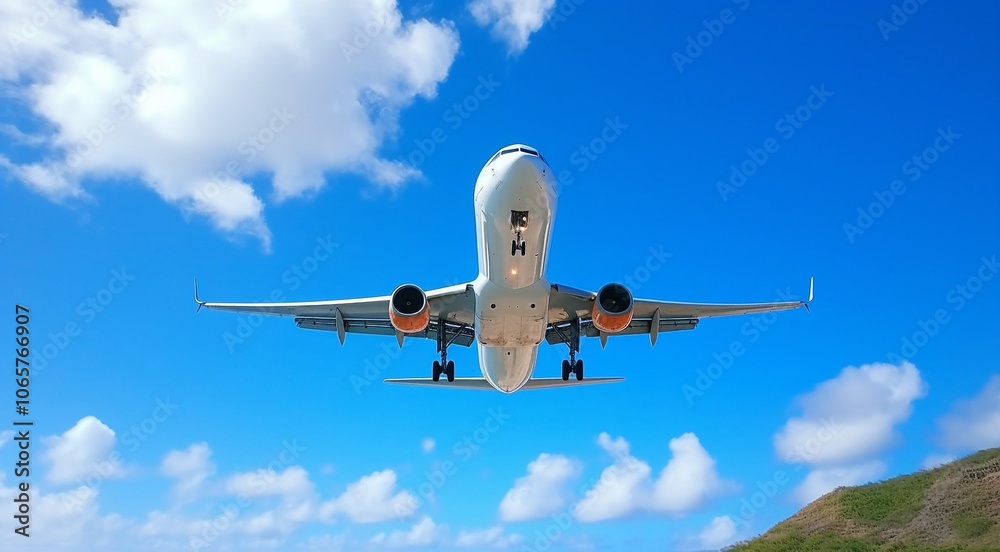Obraz premium airplane in the blue sky, airplane in the sky, flying airplane in the air, close-up of a airplane