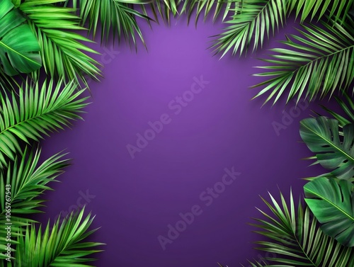 Purple Background with Green Palm Leaves