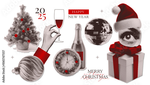 Christmas and New year halftone art collage cut outs set. Various paper clipping shapes, paper stickers with vintage dotted texture. Retro grunge mixed media vector illustration. Monochrome and red.