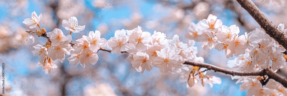 Obraz premium 桜が咲く春の公園でひかりを受ける淡いピンク色の花々の景色