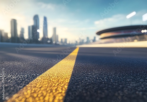 Asphalt Road With Yellow Line Leading To City Skyline photo