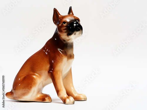 In tis photoillustration Vintage porcelain figurine of dog on white background