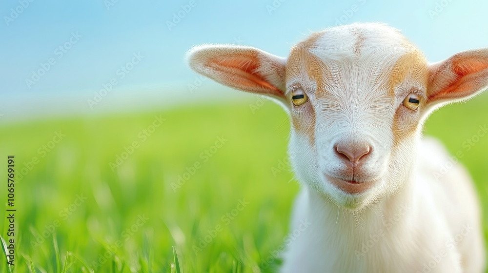Fototapeta premium A curious goat gazes at the camera on a sunny summer day in a lush green farm setting