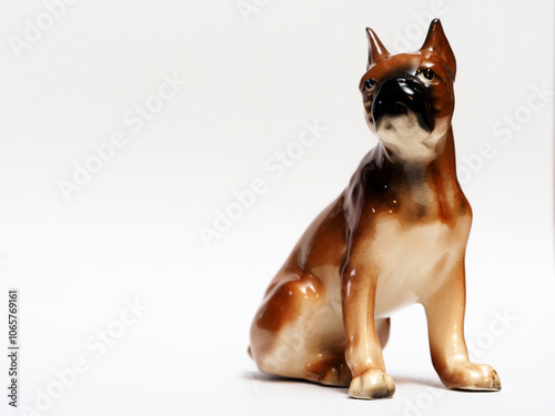 In tis photoillustration Vintage porcelain figurine of dog on white background