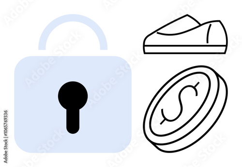 Large padlock, coin with dollar sign, and pair of shoes in simplistic line art. Ideal for finance, security, e-commerce, shopping, wealth, protection, minimalistic design concepts. Line metaphor