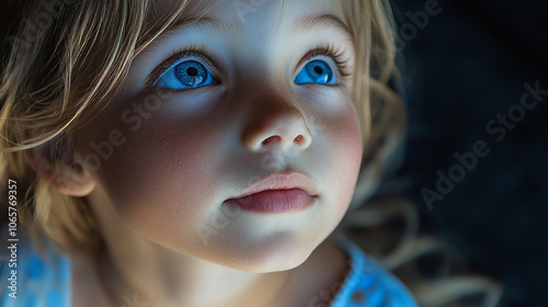 Young girl with long brown hair and blue eyes is smiling. She is wearing a white shirt and has a pink nose photo