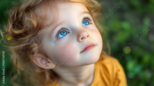 Young girl with long brown hair and blue eyes is smiling. She is wearing a white shirt and has a pink nose