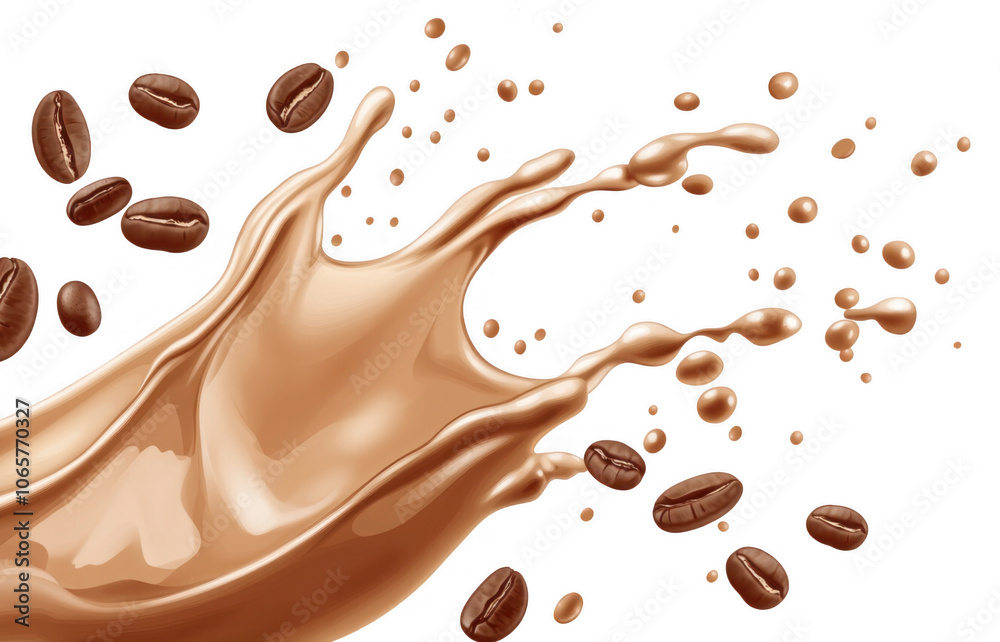Obraz premium Milk coffee splashes and coffee beans on a transparent background, vector illustration in PNG format