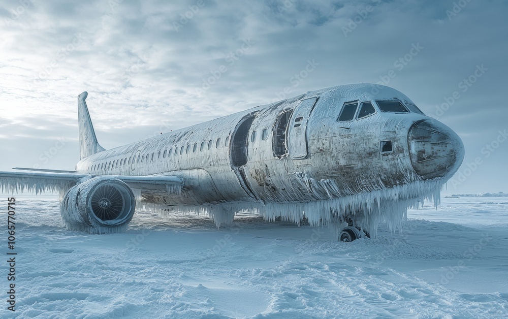 Fototapeta premium Stranded Ice-Covered Airplane on Snowy Runway — Winter Storm Challenges in Canada, Suitable for Christmas and New Year