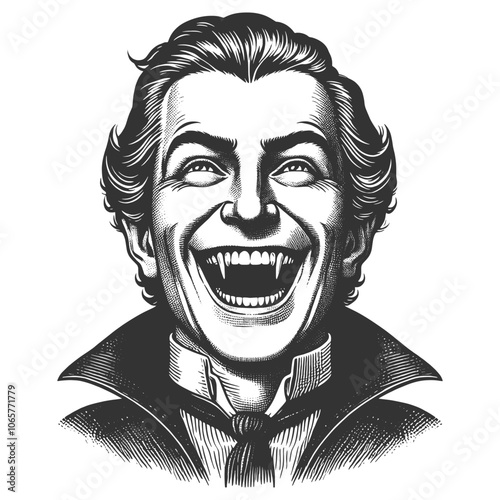 vampire with fangs and a wide smile, ideal for horror and Halloween themes sketch engraving generative ai fictional character vector illustration. Scratch board imitation. Black and white image. photo