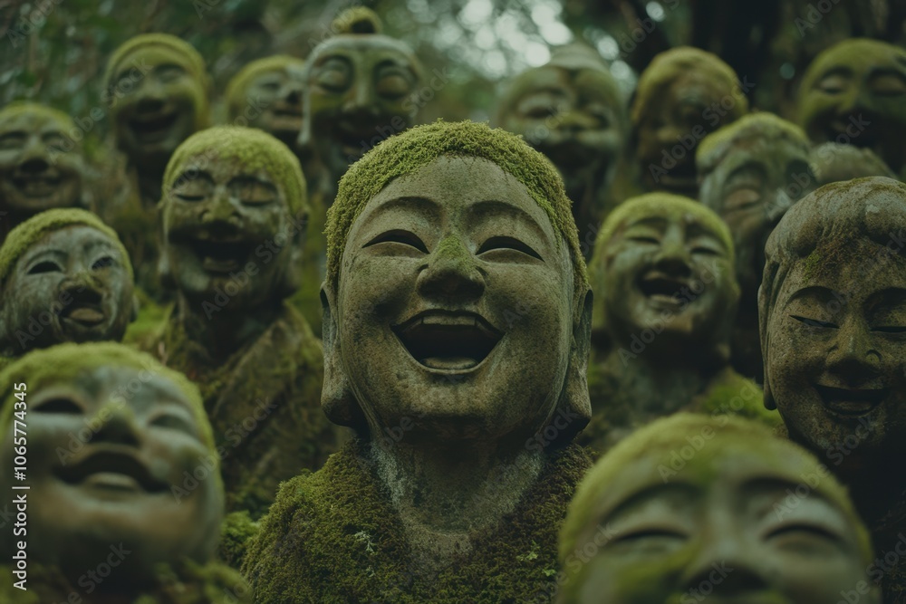 Fototapeta premium 笑顔の石像が茂る静かな森の中で、苔に覆われた仏像たちが安らぎをもたらす