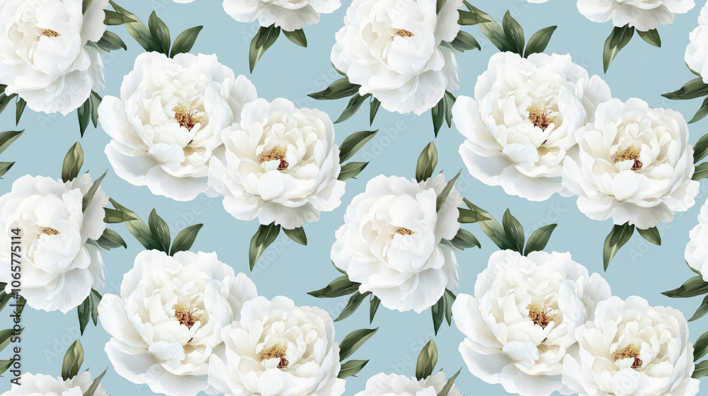 Elegant watercolor seamless pattern of beautiful white peonies blooming on a soft blue background perfect for fabric design and home decor Elegant watercolor seamless pattern of beautiful white peonies blooming on a soft blue background perfect for fabric design and home decor