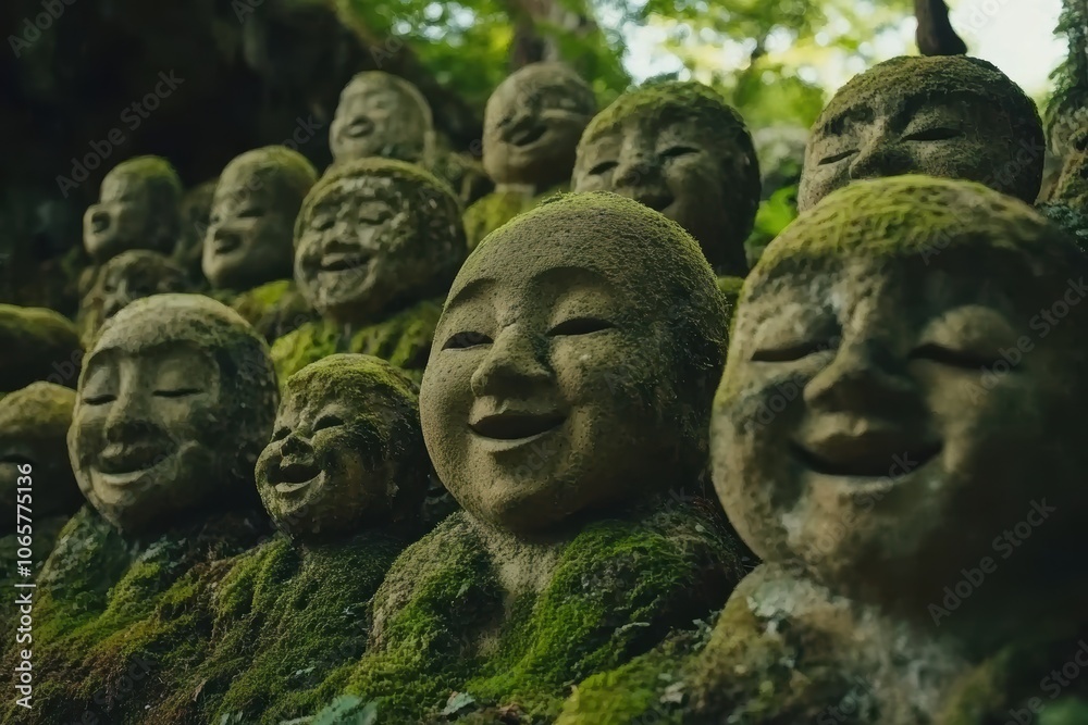 Fototapeta premium 苔むした石像が並ぶ風景、静かな寺院の中で、自然に囲まれた神聖な雰囲気が漂う