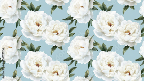 Elegant watercolor seamless pattern of beautiful white peonies blooming on a soft blue background perfect for fabric design and home decor