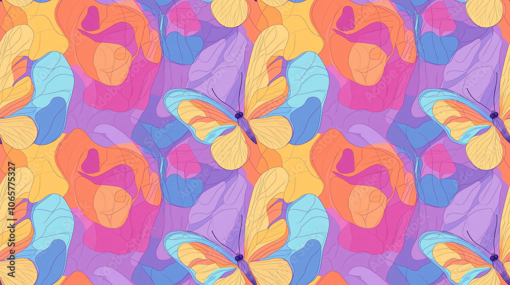 Fototapeta premium Continuous line art of a colorful butterfly in a seamless pattern perfect for summer themed designs