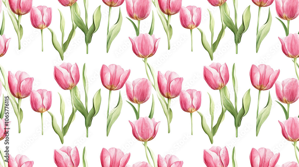 Obraz premium Seamless floral pattern featuring hand drawn watercolor pink tulips with green stems and leaves on a crisp white background decorative design