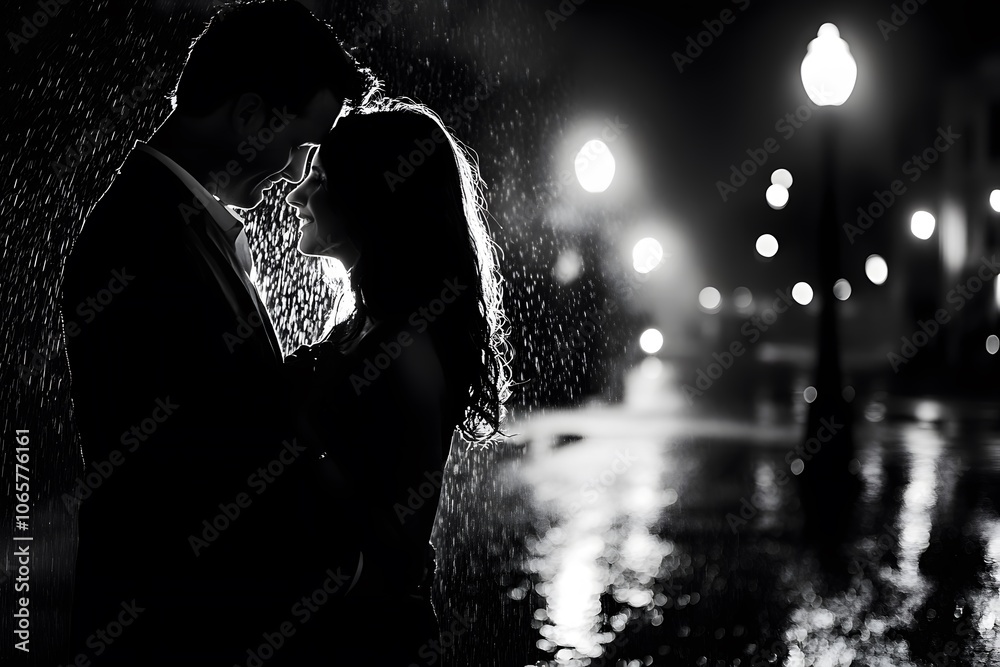 Obraz premium black and white silhouette of the couple in the night with the rain and the street lights, representing love, romance and intimacy