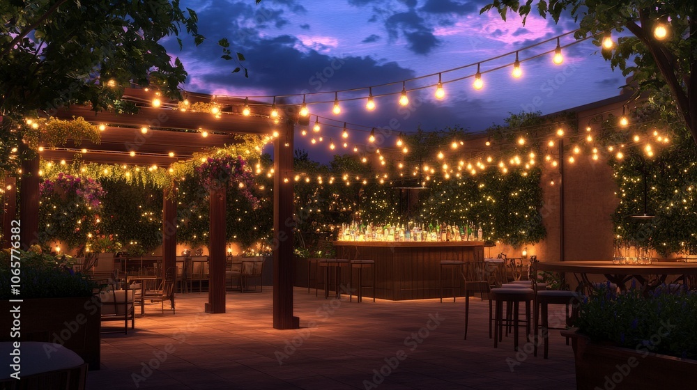 Naklejka premium Outdoor Bar with String Lights at Dusk, Creating a Cozy and Inviting Atmosphere for Relaxing Evenings