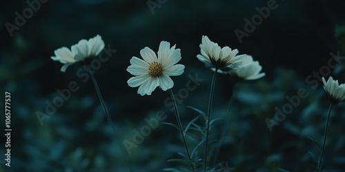 夜の森で静かに咲く白い花々、月明かりに照らされる幻想的な風景 photo