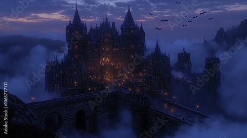 A mysterious, fog-covered castle at twilight, surrounded by dark mountains and bats overhead, evokes a sense of fantasy and intrigue, Ideal for Halloween themes, book covers, or video game design, photo