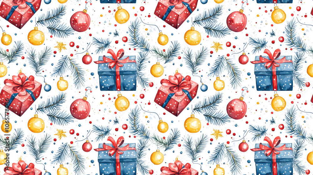 Naklejka premium Seamless watercolor pattern featuring festive Christmas gifts twinkling lights and colorful ornaments perfect for holiday themed designs