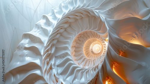 Nautilus shell in an abstract setting, showcasing its intricate spiral design. The shell's geometric pattern is a beautiful display of nature's artistry.