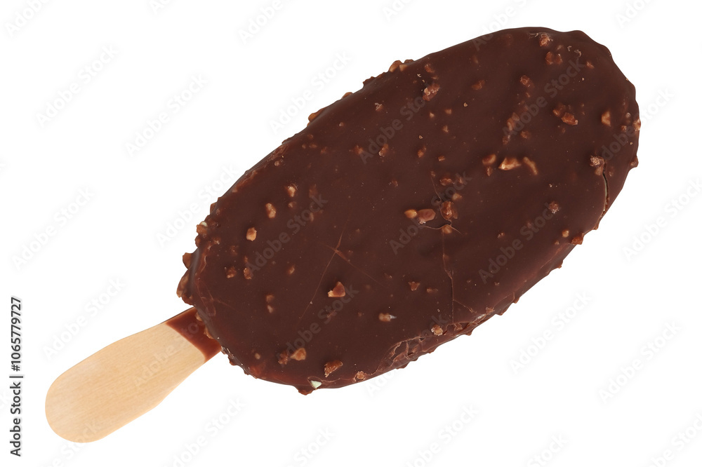 Obraz premium Chocolate ice cream with a nut on a wooden stick. Isolated object on a transparent background