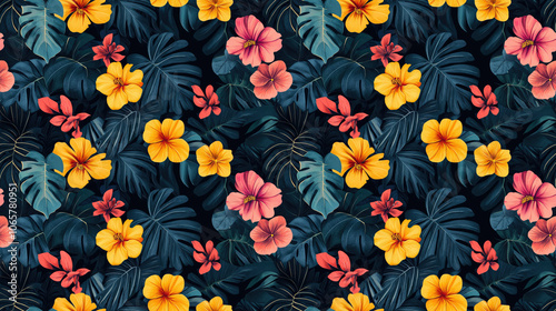 Trendy seamless pattern featuring hand drawn tropical leaves and vibrant flowers perfect for textile design wallpaper or home decor