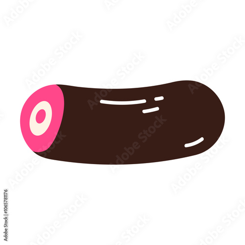 Black liquorice with pink filling. Licorice candy. Chewing candy with licorice. Sugary treat. Vector illustration in cartoon style. Isolated white background