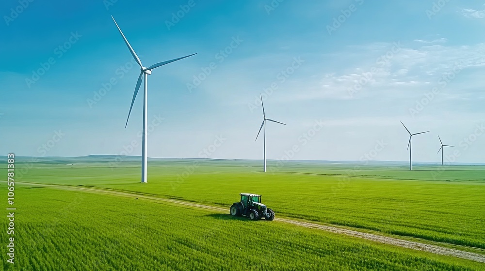 Obraz premium A farmer cultivates crops amidst Texas wind turbines under a brilliant blue sky, showcasing sustainable energy and nature's harmony