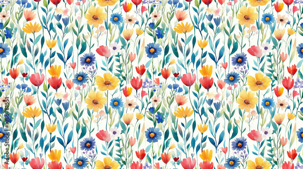 Naklejka premium Vibrant watercolor pattern depicting a blooming meadow in spring filled with wildflowers perfect for textile design
