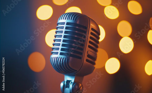 Vintage-style microphone with warm bokeh lights in the background, creating a retro stage ambiance.