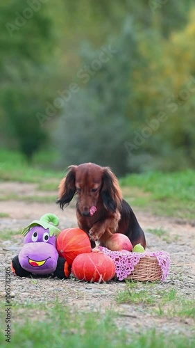 Portrait of a red dachshund in an autumn park with pumpkins