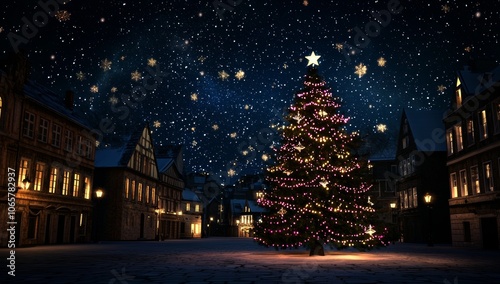 There is a vibrant pink tree glowing under a starry sky, surrounded by softly lit houses in a snowy landscape, creating a festive winter scene.