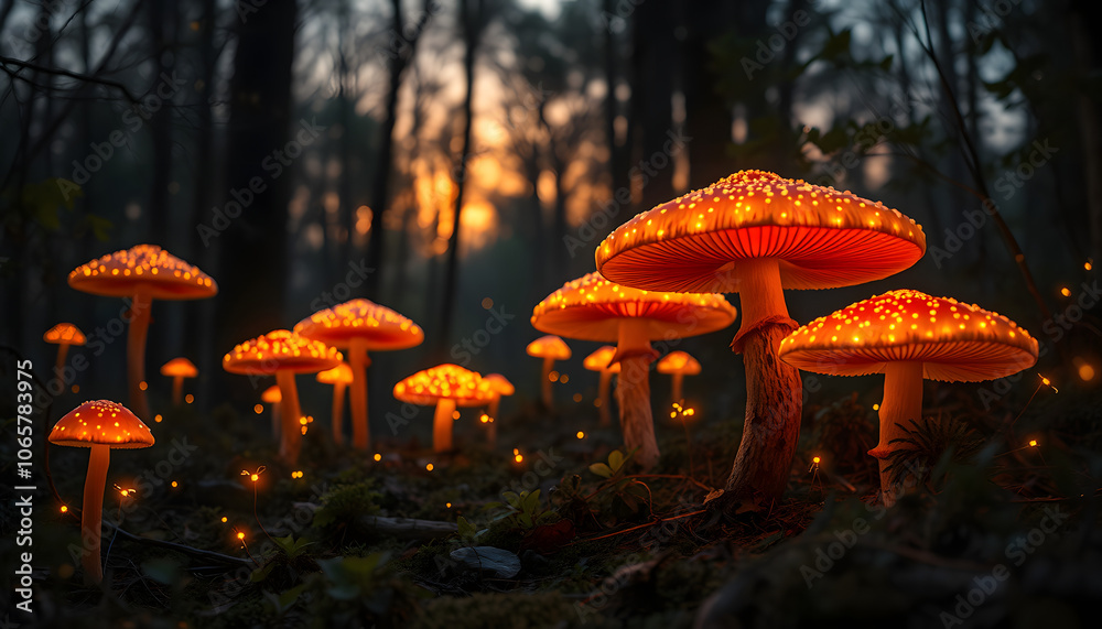 Fototapeta premium Magical forest with glowing mushrooms and fireflies at dusk isolated with white highlights, png