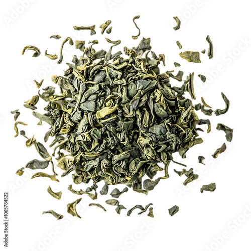 Dry gynostemma pentaphyllum leaf in olive scoop isolated on white blackground Jiaogulan or Miracle grass Chinese herbal tea