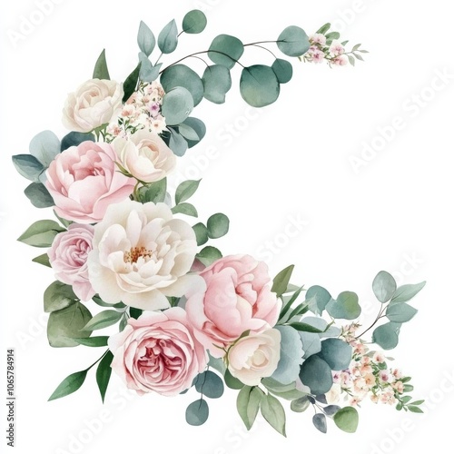 Romantic Floral Border with Pale Roses and Peonies